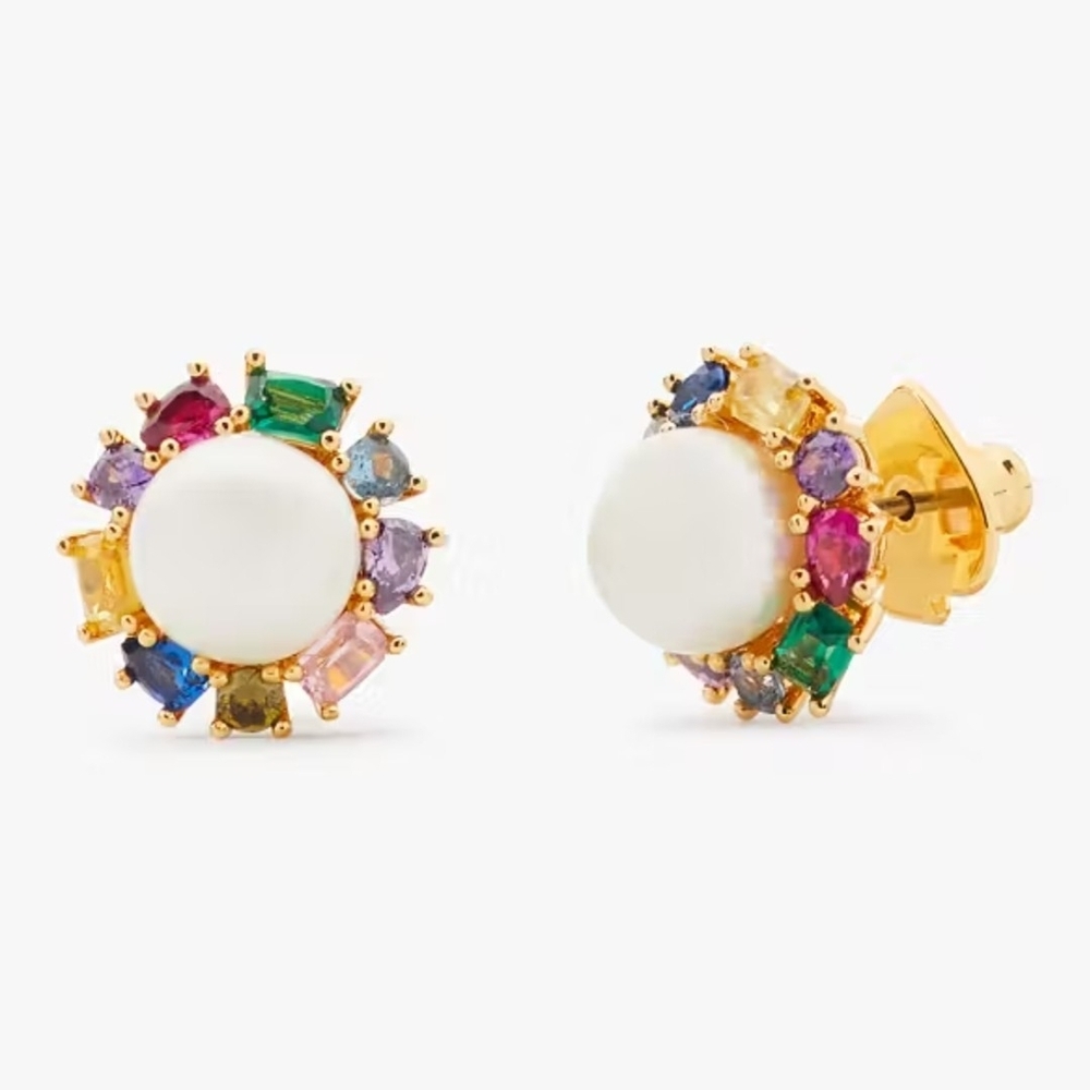 NWT - Kate Spade - Multicolor Gemstone and Pearl Gold Stud Earrings